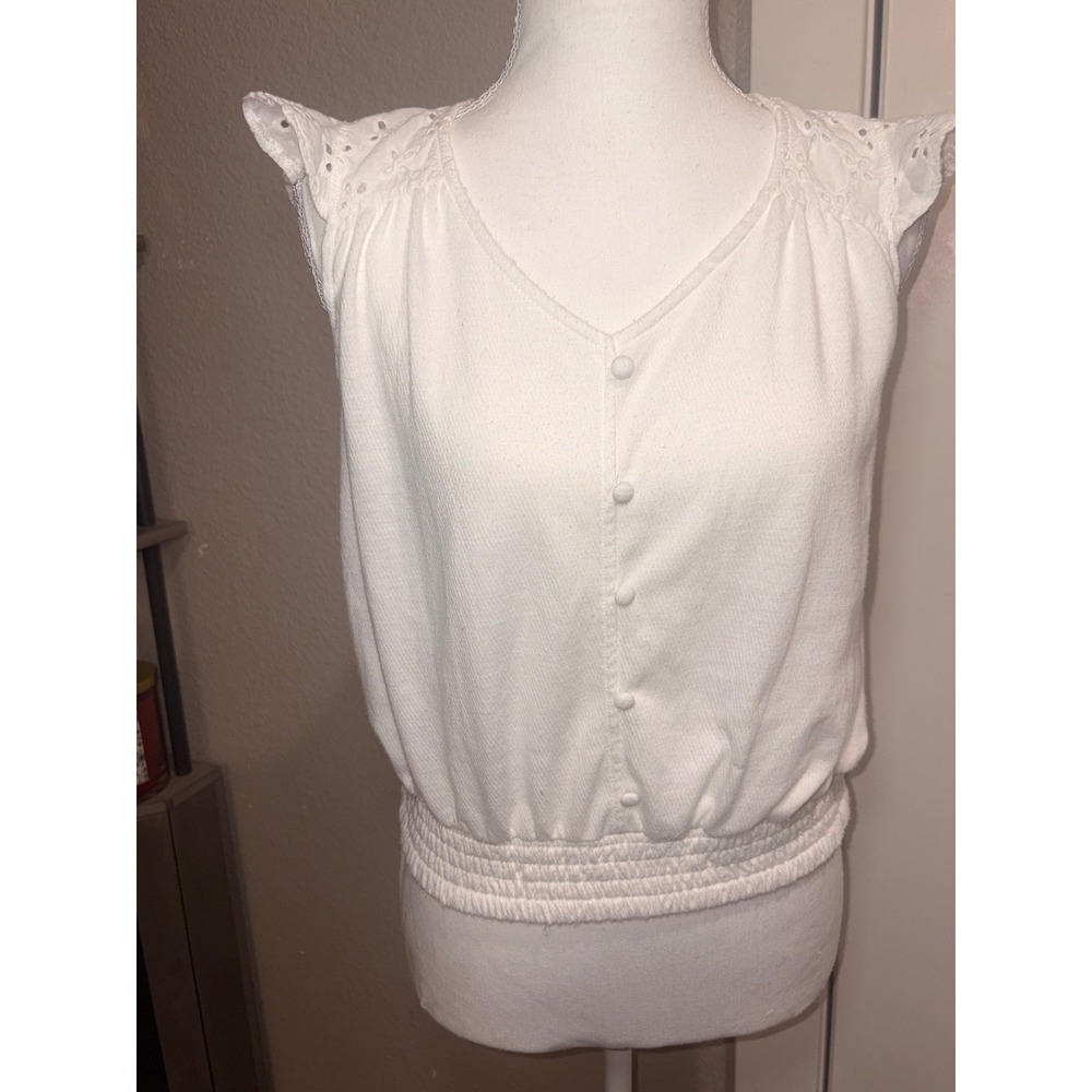 Pink Rose White Eyelet Lace‎ Ruffle Sleeve Smocked Waist Button Front Top Small